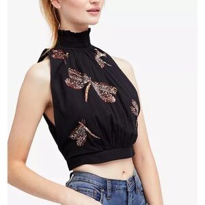 Free People The Garden Open Back Crop Top Size L Black Embroidered Seqiuns